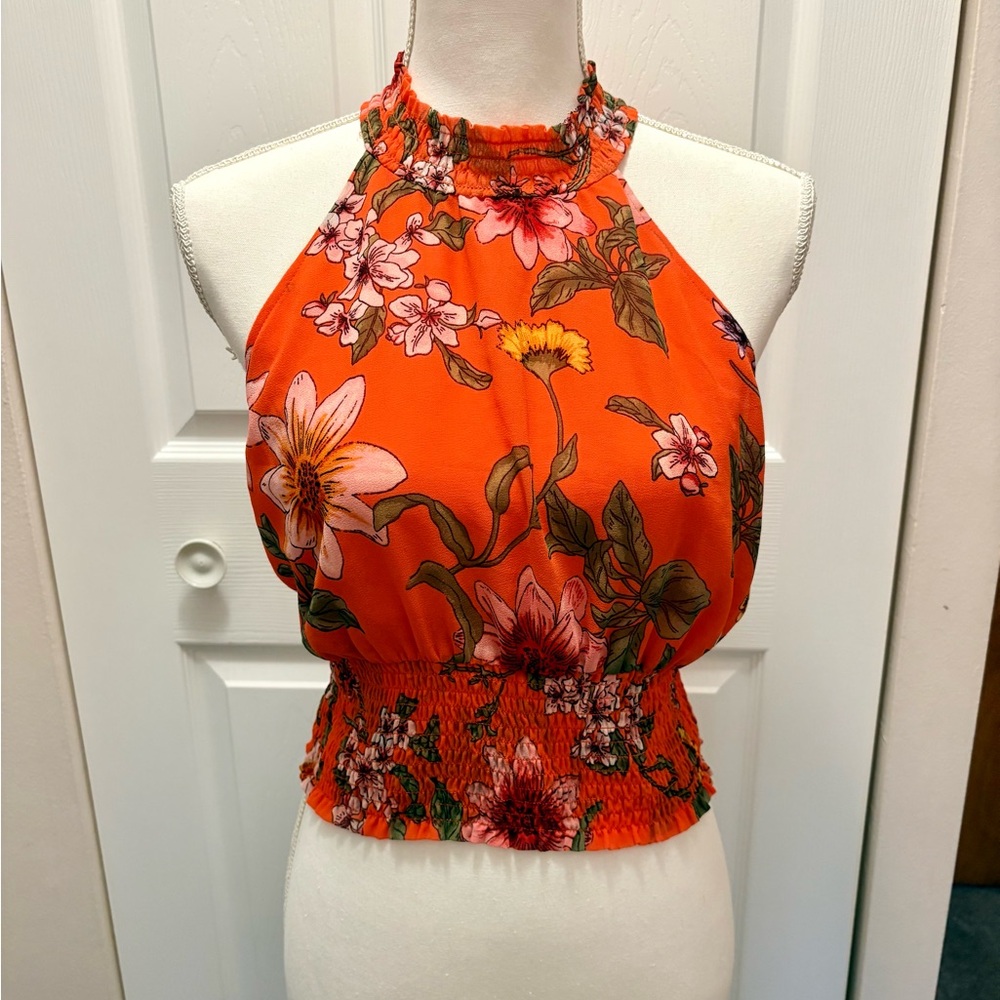 Guess Orange Floral Halter Smocked Crop Top